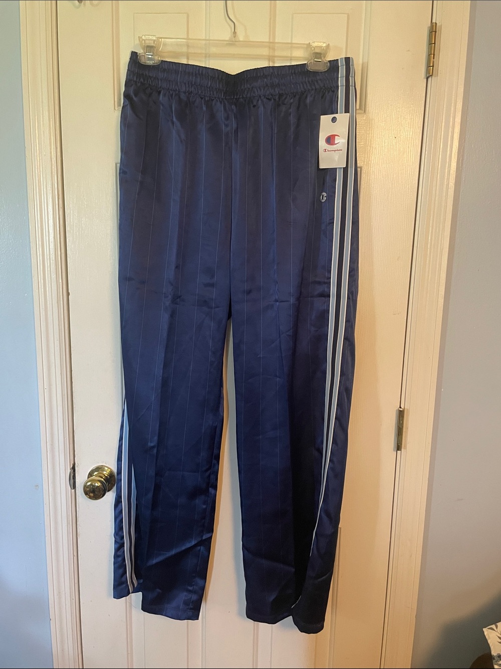 Champion Men's Navy Joggers with White Side Stripes